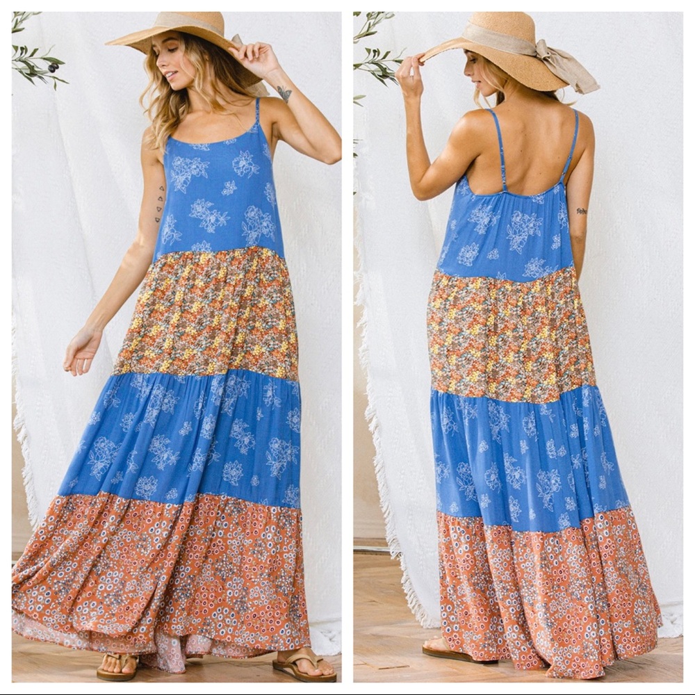 21 Boho Fabulous Floral Color Block Tiered Maxi dress - Picture 3 of 4